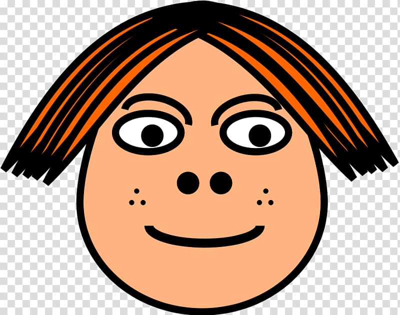 Cartoon girl face with orange-black hair, freckles, and cheerful smile.