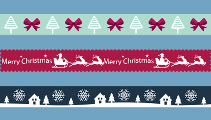 Festive Christmas border design with trees, bows, Santa sleigh, snowflakes, and houses in pastel and red tones.