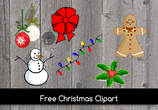 Free Christmas clipart featuring snowman, gingerbread man, ornaments, bow, lights, and holly on wooden background.