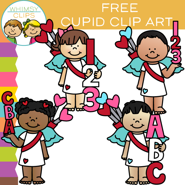 Four diverse cartoon cupids holding ABC letters and numbers 1-3 with hearts and arrows, for Valentine’s Day educational clip art.