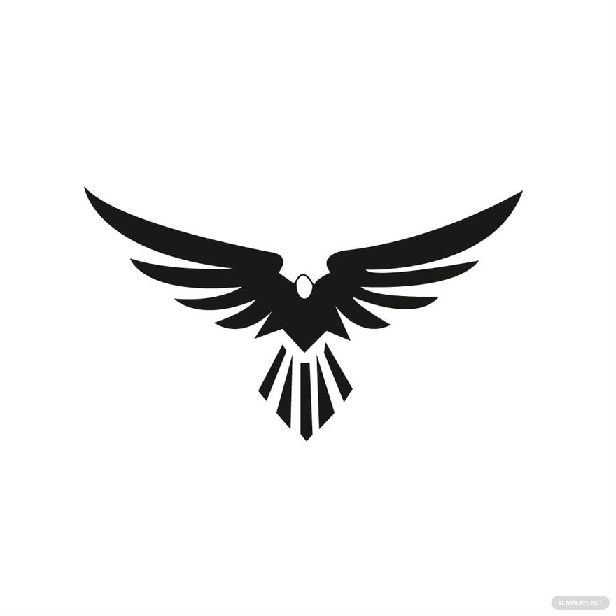 Stylized black silhouette of a soaring eagle with outstretched wings and geometric tail feathers on white background.