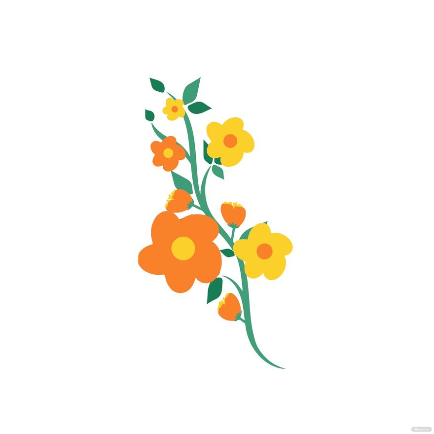 Stylized floral illustration with orange and yellow blossoms on a green stem, flat vector design.