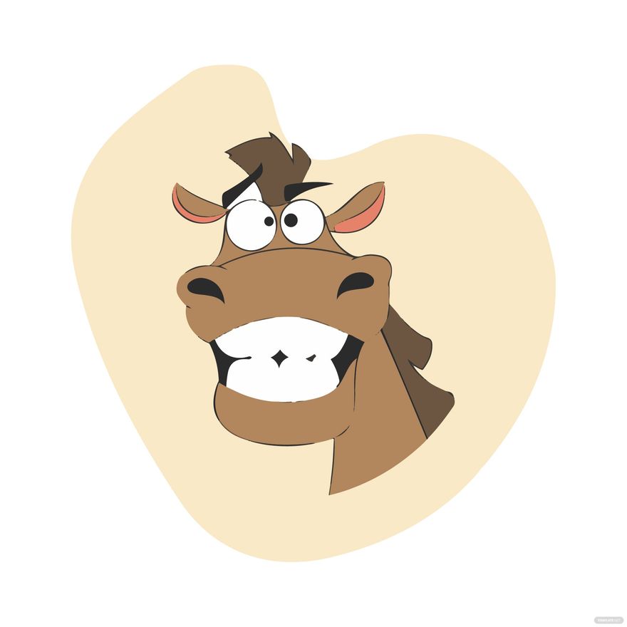 Cartoon horse with wide eyes and big grin, set against a soft beige heart-shaped background.