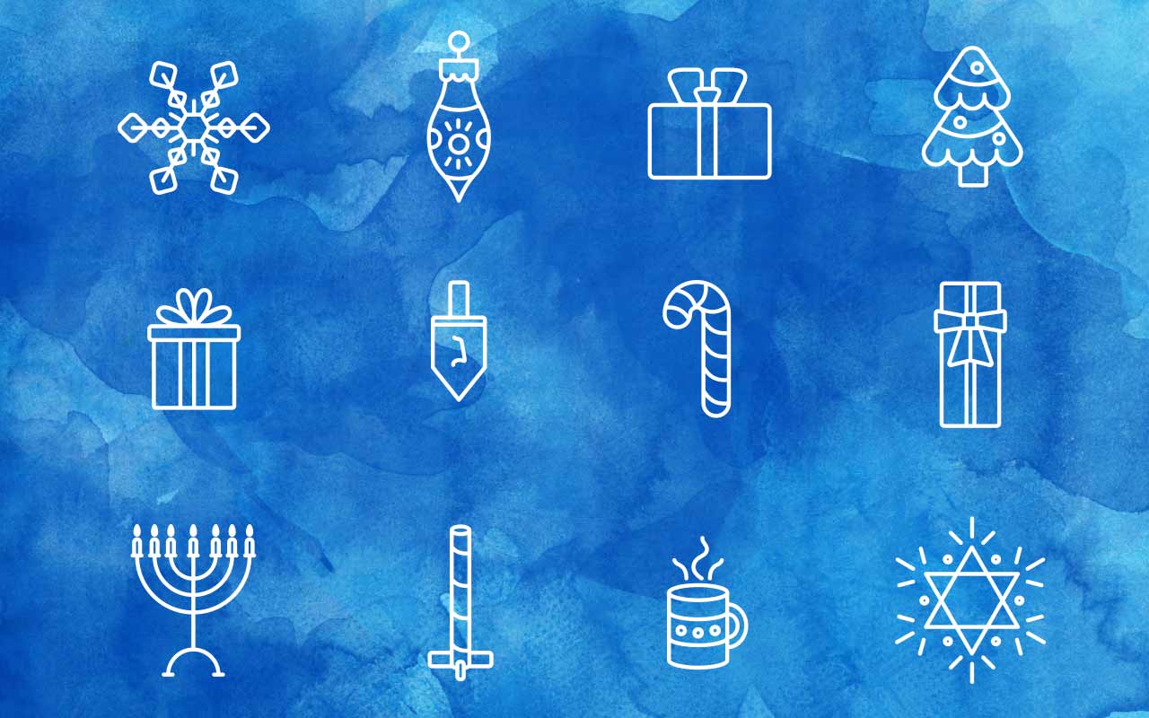 Holiday icons including snowflake, ornament, gift, tree, menorah, dreidel, candy cane, mug, and Star of David on blue watercolor background.