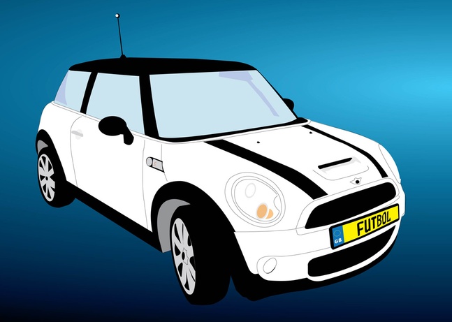 White Mini Cooper with black roof and racing stripes, yellow "FUTBOL" license plate, blue gradient background.