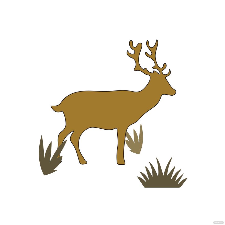 Stylized brown deer with antlers standing among grass patches on white background.