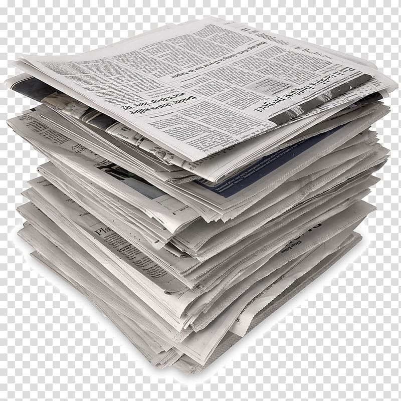 Stack of folded newspapers with visible headlines and text, isolated on transparent background.