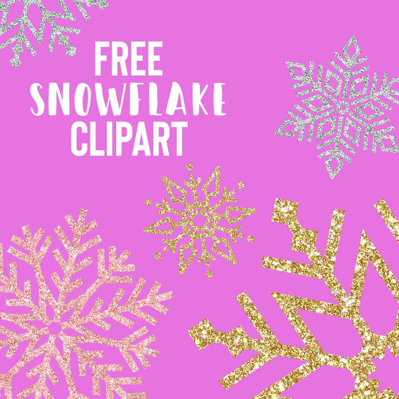 Glittery snowflake clipart in gold, rose gold, and silver on a pink background with "Free Snowflake Clipart" text.
