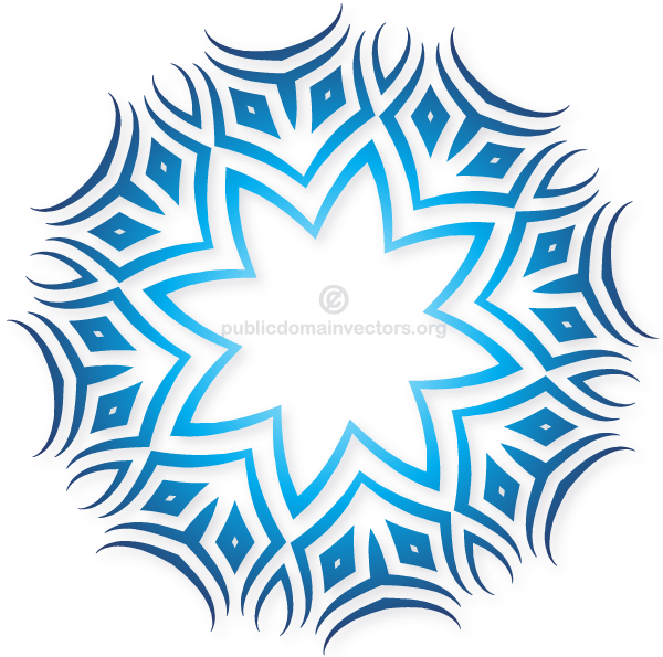 Blue and white symmetrical tribal snowflake pattern with star-shaped center and geometric motifs.