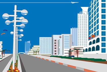 Modern cityscape with futuristic streetlights, high-rise buildings, palm trees, and a clear blue sky.