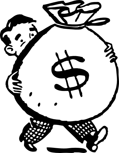 A cartoon man straining to carry a giant money bag with a dollar sign.