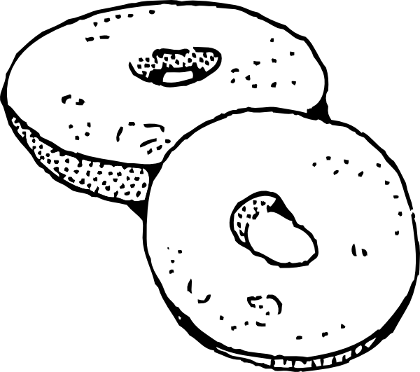 Two black-and-white line-drawn bagels with sesame seeds, one slightly overlapping the other.