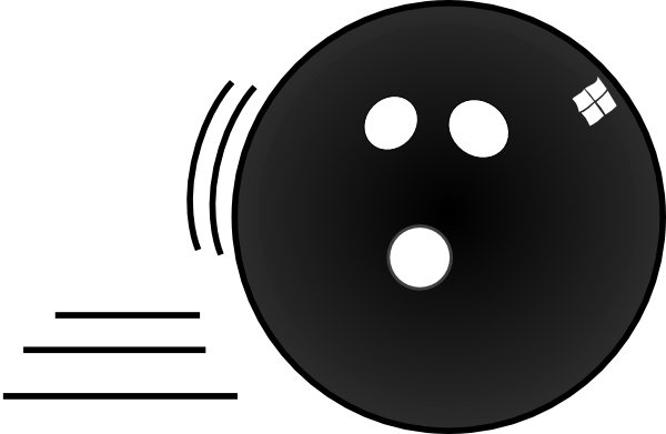 Black bowling ball with three finger holes and a Windows logo, rolling with motion lines.
