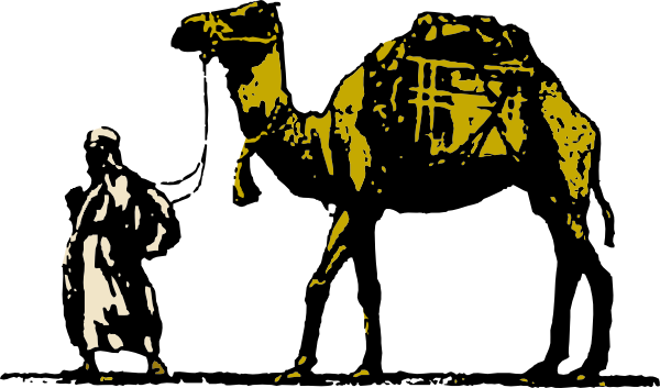 A man in traditional robes leads a laden camel across a desert landscape, rendered in bold yellow and black stylized illustration.