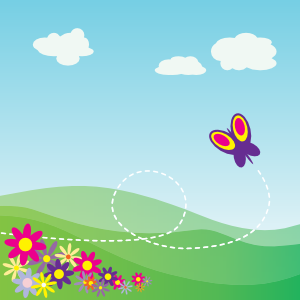 A colorful butterfly flies over rolling green hills with flowers and clouds in a cheerful cartoon landscape.