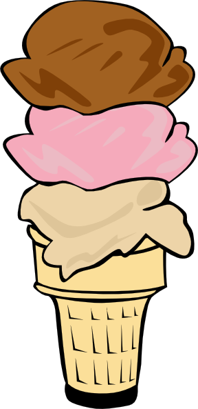 Triple-scoop ice cream cone with chocolate, strawberry, and vanilla flavors in a waffle cone.