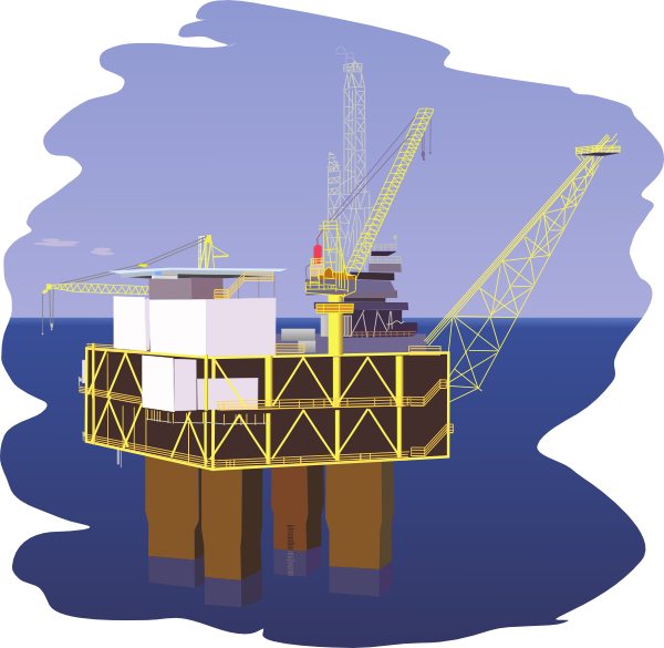 Offshore oil rig platform with cranes and support structures in deep blue ocean under cloudy sky.