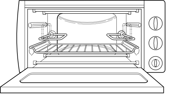 Line drawing of a countertop convection oven with open door, two racks, and control knobs on the side.