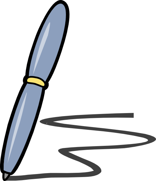 Blue ballpoint pen with gold band drawing a black squiggly line on white background.