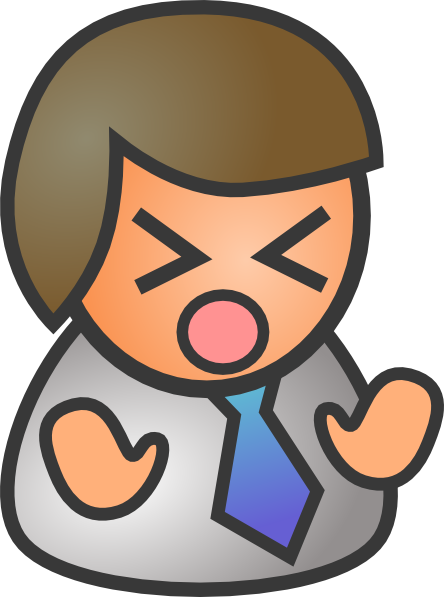 Angry cartoon businessman shouting with clenched fists, wearing gray suit and blue tie.