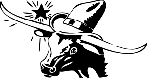 Black-and-white stylized bull wearing a cowboy hat, with lasso and starburst, evoking Western rodeo themes.