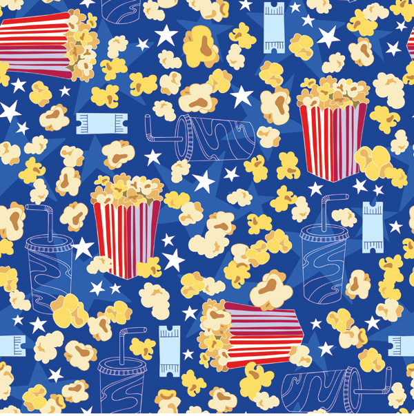 Popcorn buckets, soda cups, movie tickets, and stars on a blue background-classic cinema snack theme.