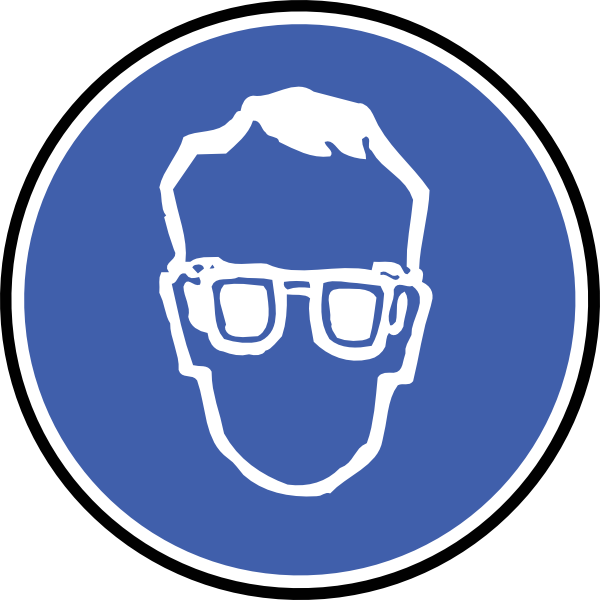 Blue circular safety sign depicting a white silhouette of a person wearing protective eyewear.