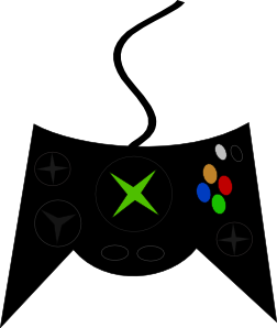 Black Xbox controller silhouette with green X logo, D-pad, analog sticks, and colored action buttons.