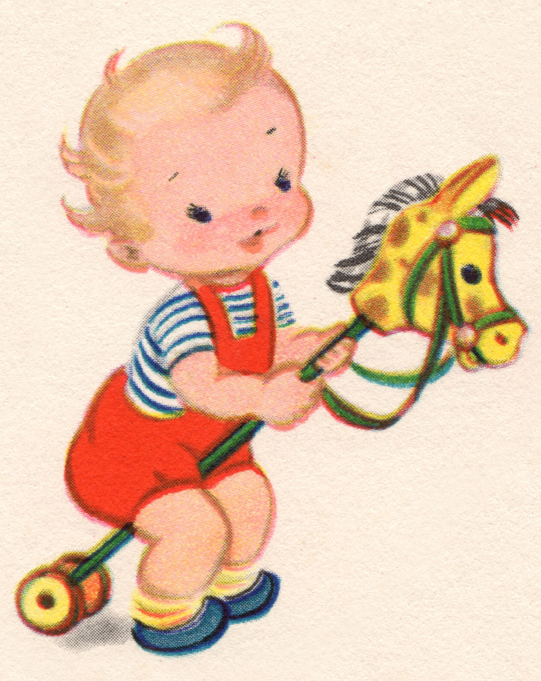 Vintage Toddler Riding Giraffe Toy Illustration - Nostalgic Children’s Art