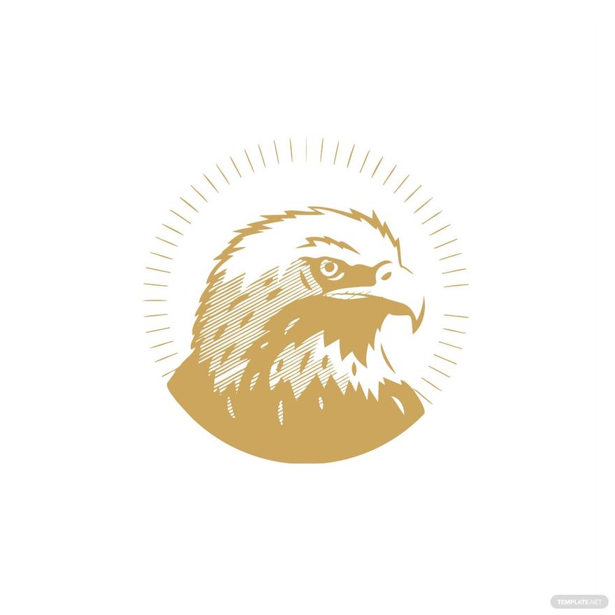 Golden eagle head logo with sunburst rays, stylized woodcut illustration.