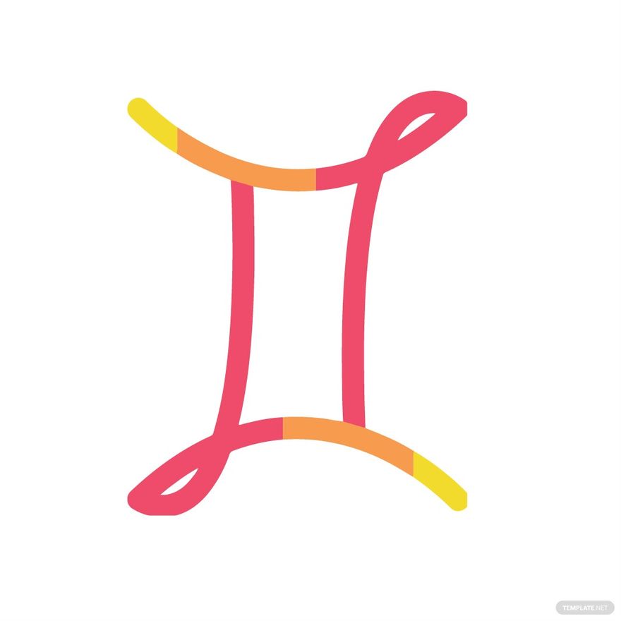 Colorful stylized Gemini zodiac symbol with gradient pink, orange, and yellow lines on white background.