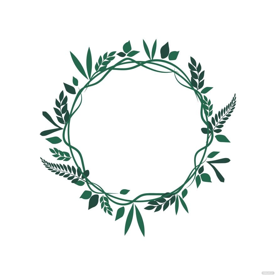 Green leafy wreath with intertwined vines and varied foliage forming a circular frame on white background.