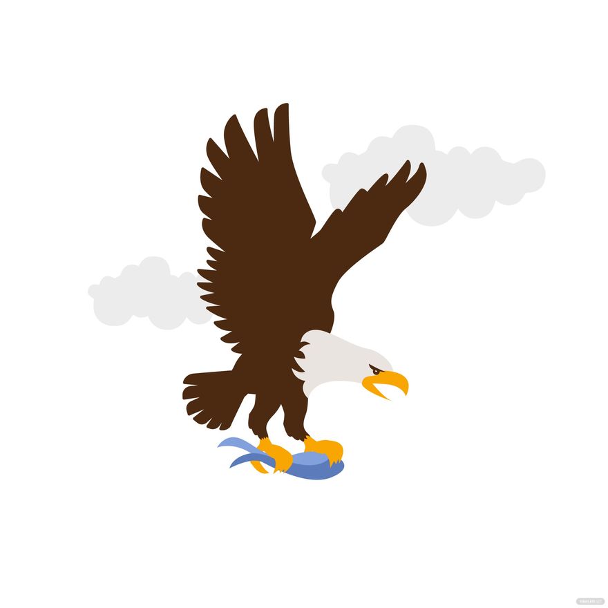 Bald eagle with outstretched wings clutching a fish, stylized illustration against white background with soft clouds.