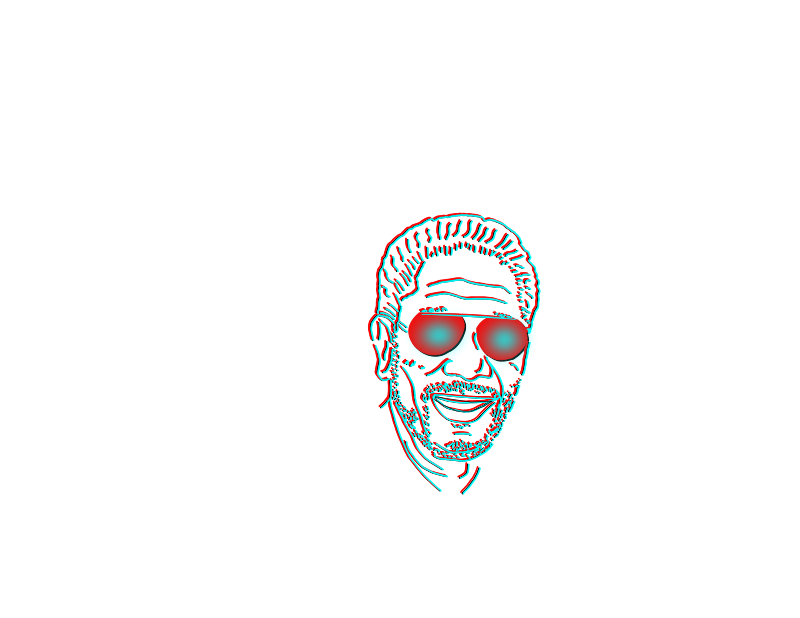 Stylized line-art portrait of a smiling man with sunglasses and beard, rendered in cyan and red anaglyph 3D effect on black background.