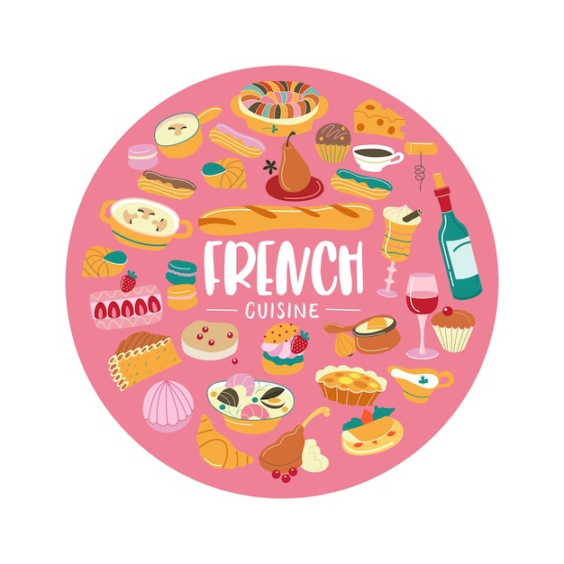 Colorful circular illustration featuring iconic French cuisine items like baguette, croissant, wine, cheese, macarons, and escargot on pink background.