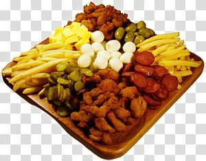 Wooden platter loaded with fried chicken, french fries, mozzarella balls, pickles, olives, and sliced sausages.