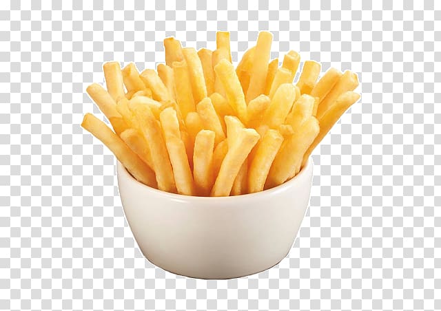 Golden crispy French fries served in a white ceramic bowl on transparent background.