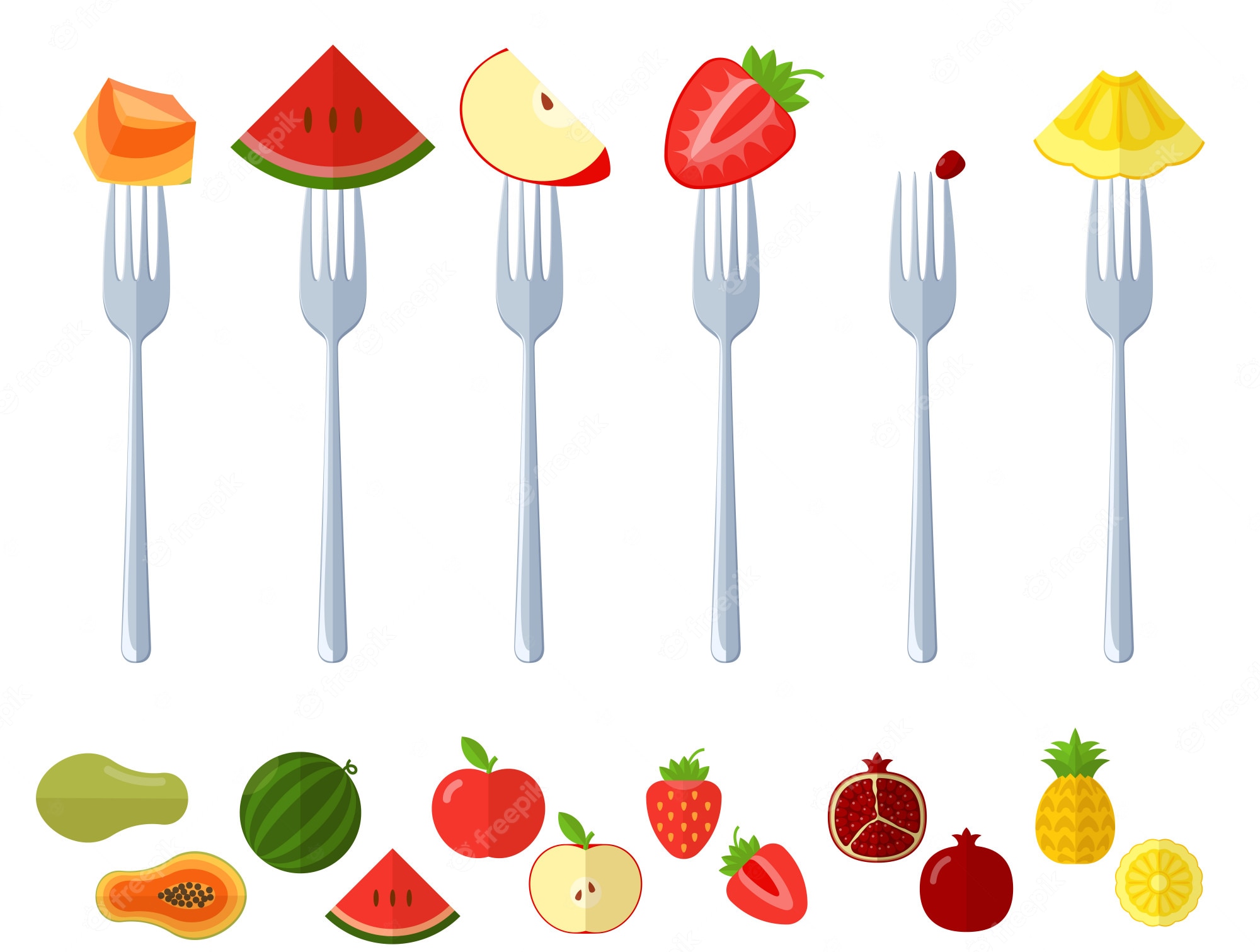 Six colorful fruit slices-papaya, watermelon, apple, strawberry, pomegranate seed, and pineapple-each skewered on a fork, with full fruits shown below.