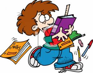 Cartoon boy with messy hair overwhelmed by books, notebooks, and scattered pencils while studying.