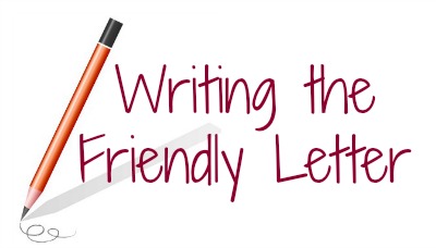 Orange pencil writing "Writing the Friendly Letter" in maroon cursive script on white background.