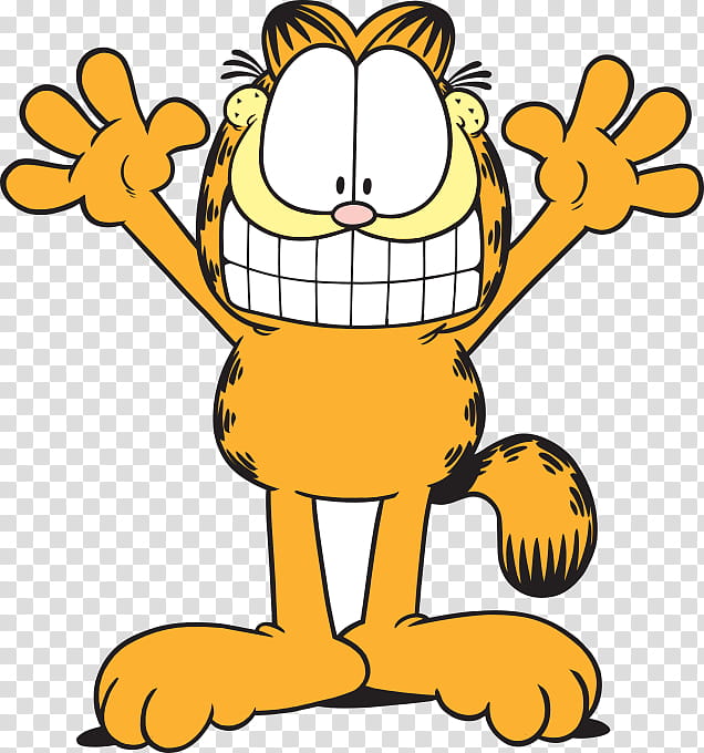 Garfield the orange tabby cat with wide grin, arms raised in excitement, against transparent background.