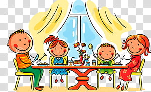 A cheerful cartoon family of four enjoying a meal together at a dining table with flowers and curtains in the background.