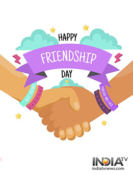 Two hands shaking with colorful friendship bracelets, under a "Happy Friendship Day" banner with clouds and stars.
