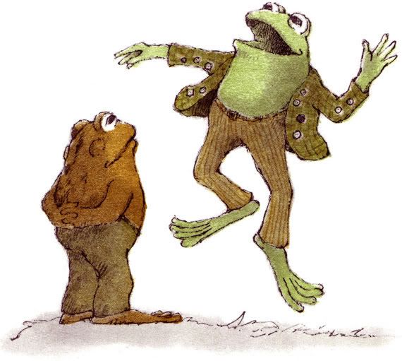 A cheerful green frog in a jacket leaps joyfully beside a smaller, thoughtful brown toad in trousers.