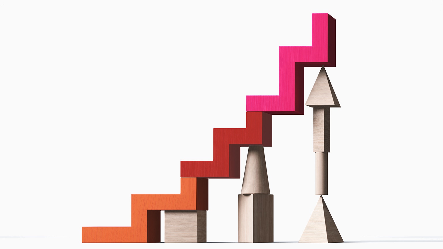 Colorful 3D staircase blocks ascending with wooden arrow structures, symbolizing growth and progress.