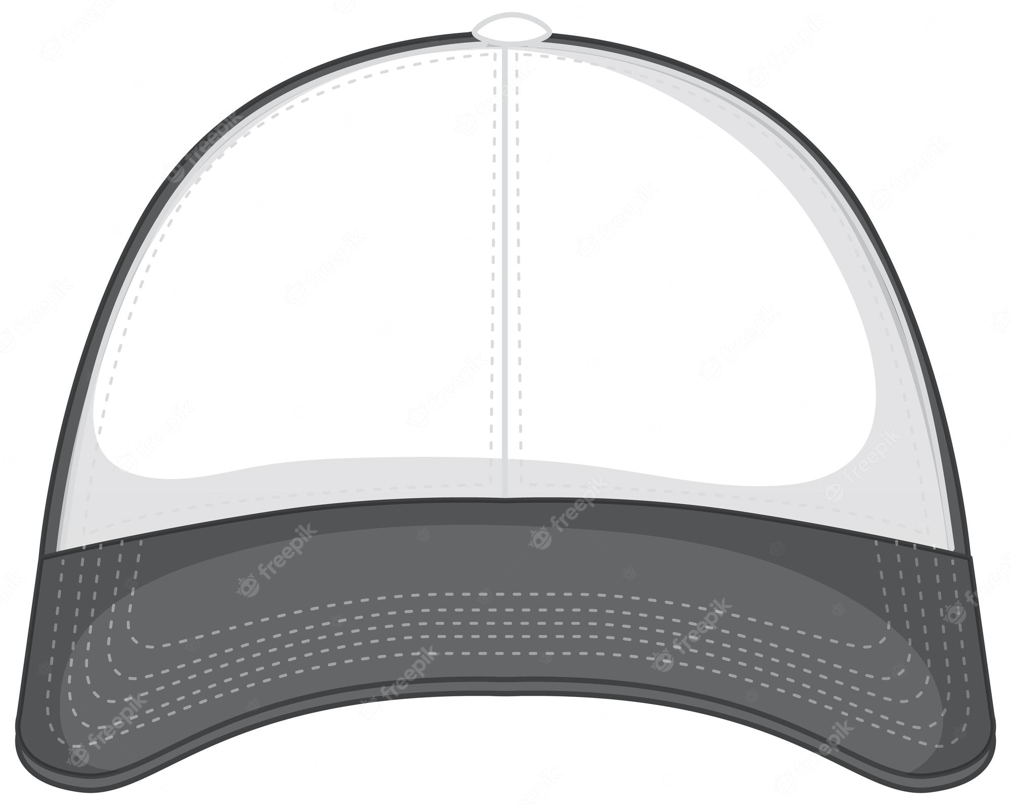 Front view of a blank white and gray trucker-style cap with mesh back and curved brim, ideal for custom branding.