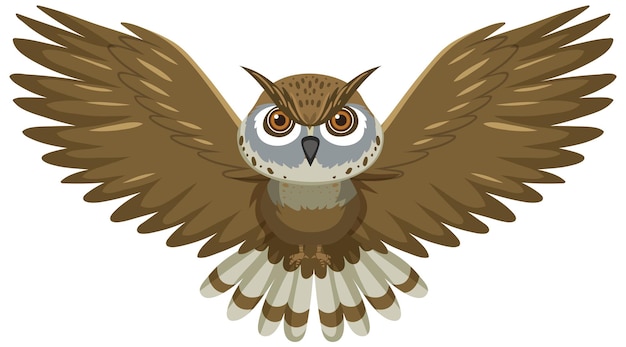 Cartoon owl with wide eyes and outstretched wings, brown and white plumage, flying forward.