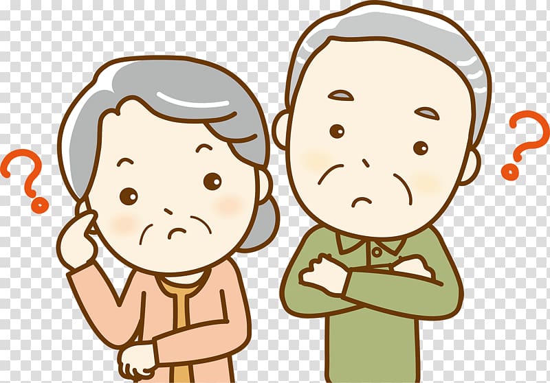 Confused elderly couple with question marks, illustrating uncertainty or decision-making challenges in aging.