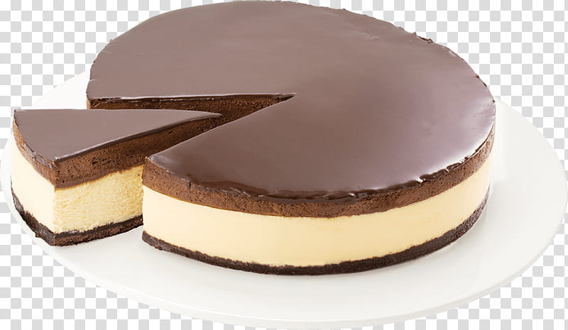 Rich chocolate ganache-topped cheesecake with a slice removed, revealing creamy filling and crumb crust on a white plate.