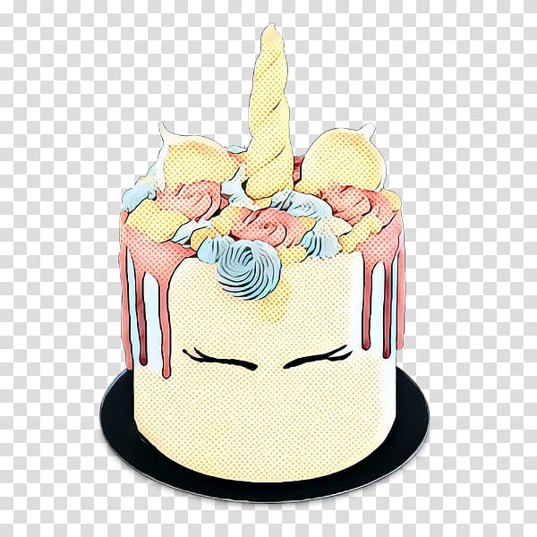 Whimsical unicorn-themed cake with pastel frosting, horn, and closed-eye face design on a black stand.